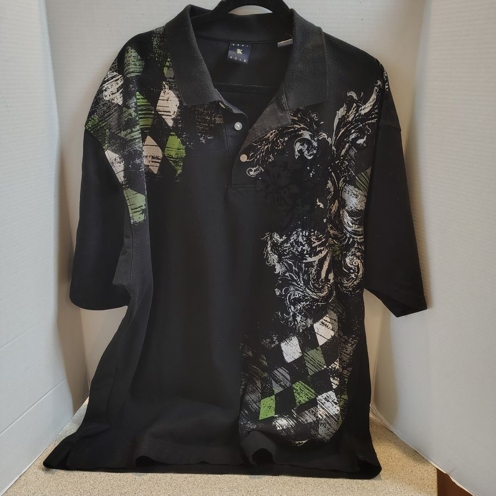 Men's 3XL  Black and Green Graphic Polo Shirt. KANI Gold Collared Golf